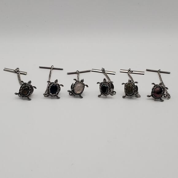 (6) Vtg Silver Tone Stone Cabochon Turtle Tortoise Shaped Tie Tack Chain 1-1/2" - Picture 1 of 7